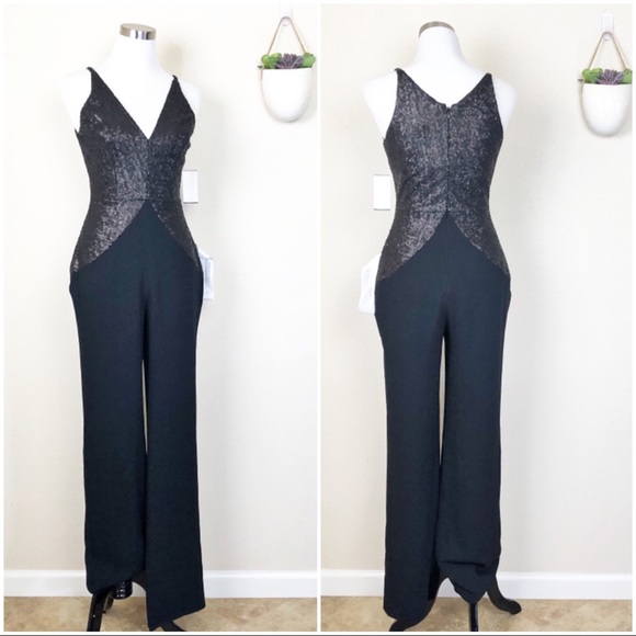 •DRESS the POPULATION• Black Joey Sequin Jumpsuit 70’s inspired - Picture 2 of 8